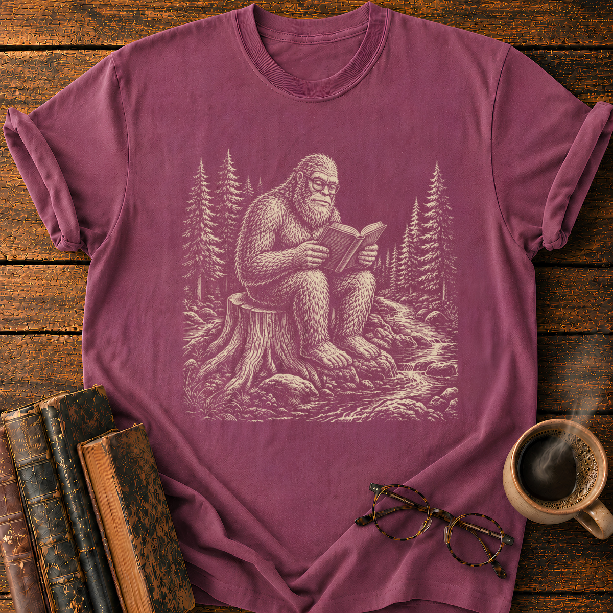 Bigfoot Reading in the Pine Forest T-Shirt