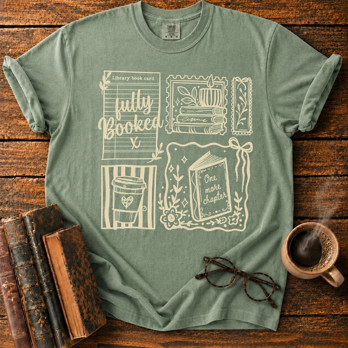 Cozy Bookish Sticker Collage T-Shirt