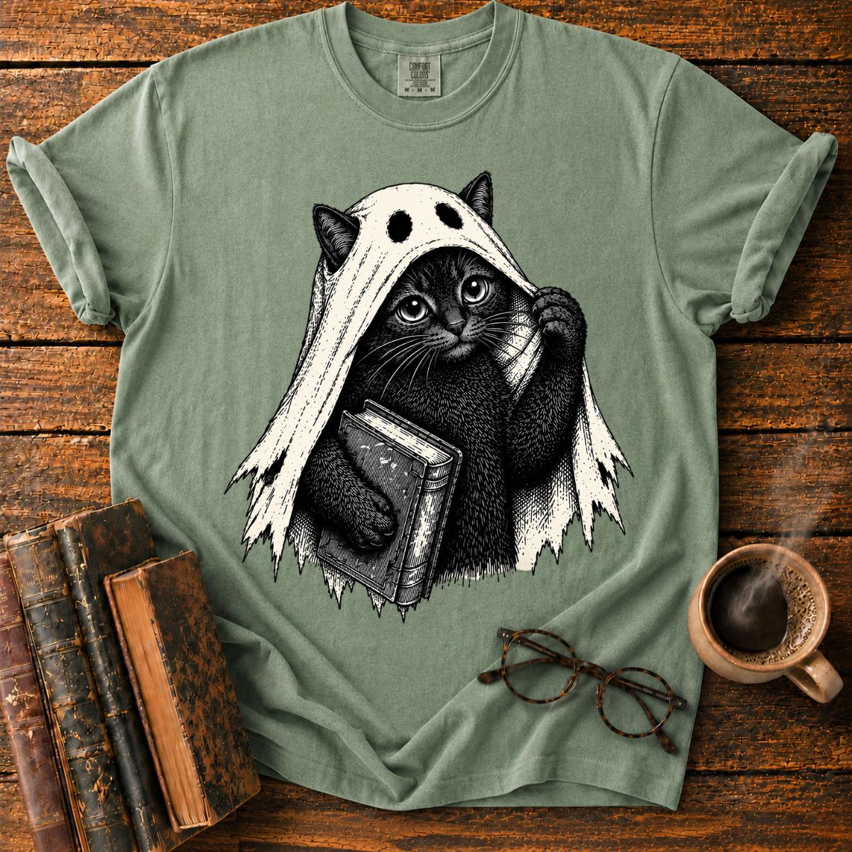 Ghost Black Cat with Haunted Book T-Shirt