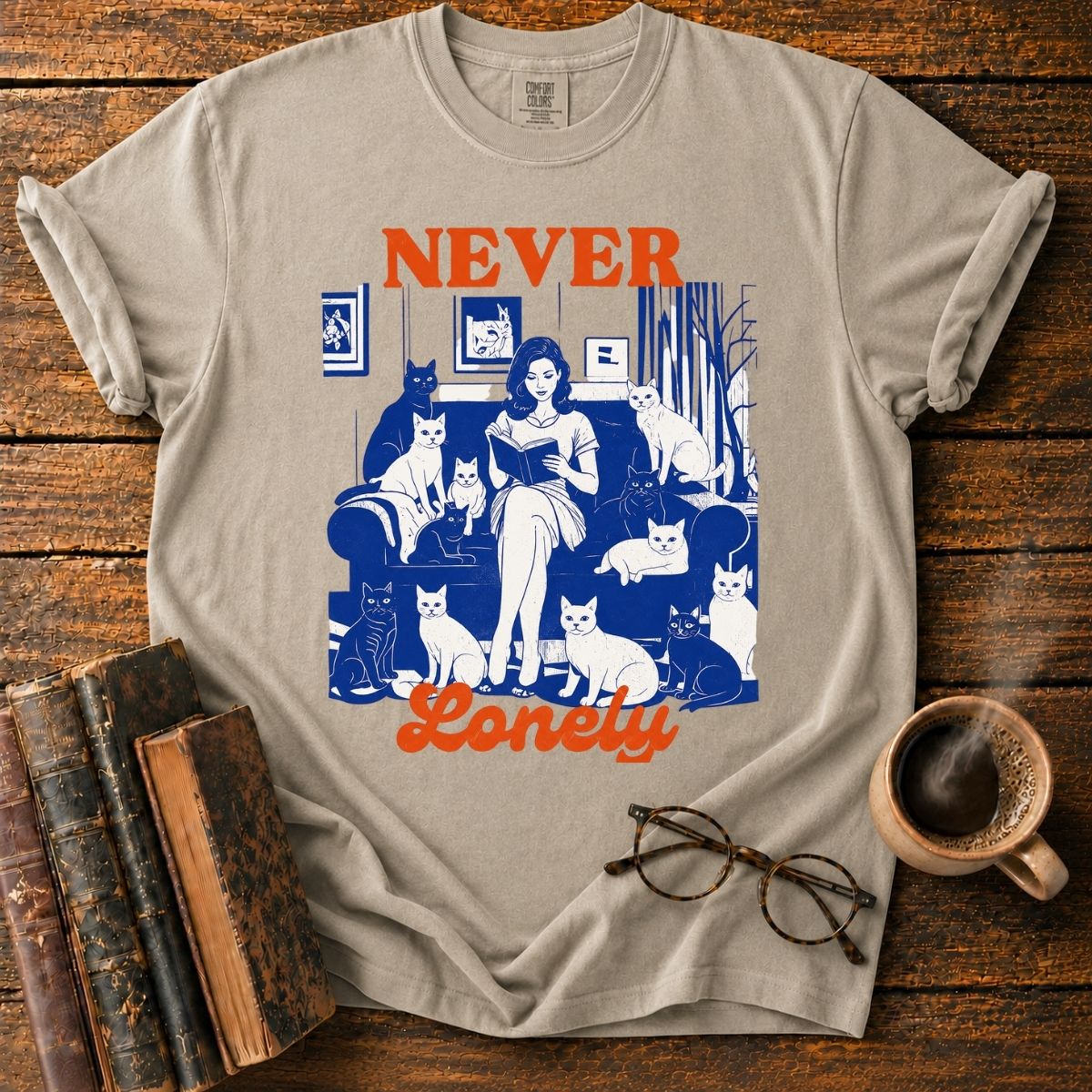 Never Lonely_ Cats and Cozy Reading T-Shirt