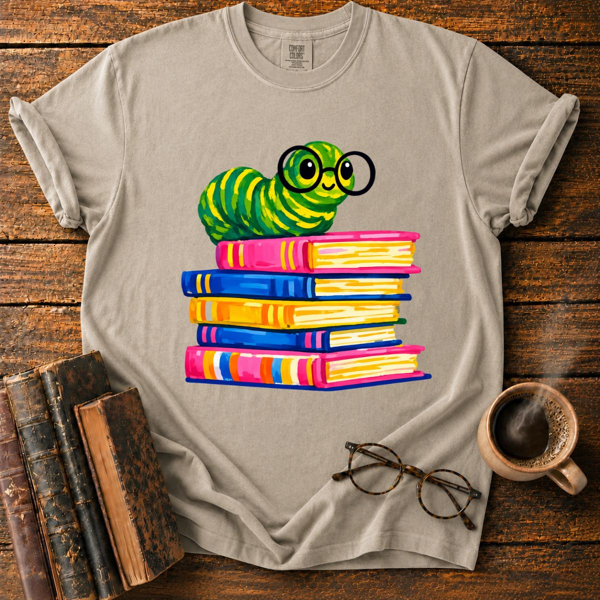 Cheerful Bookworm on Colorful Books T-Shirt