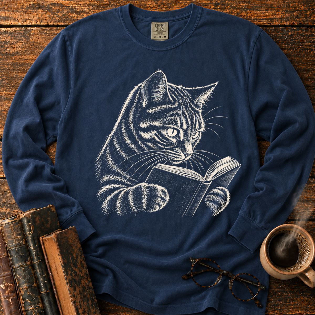 Tabby Cat Reading LS T-Shirt
