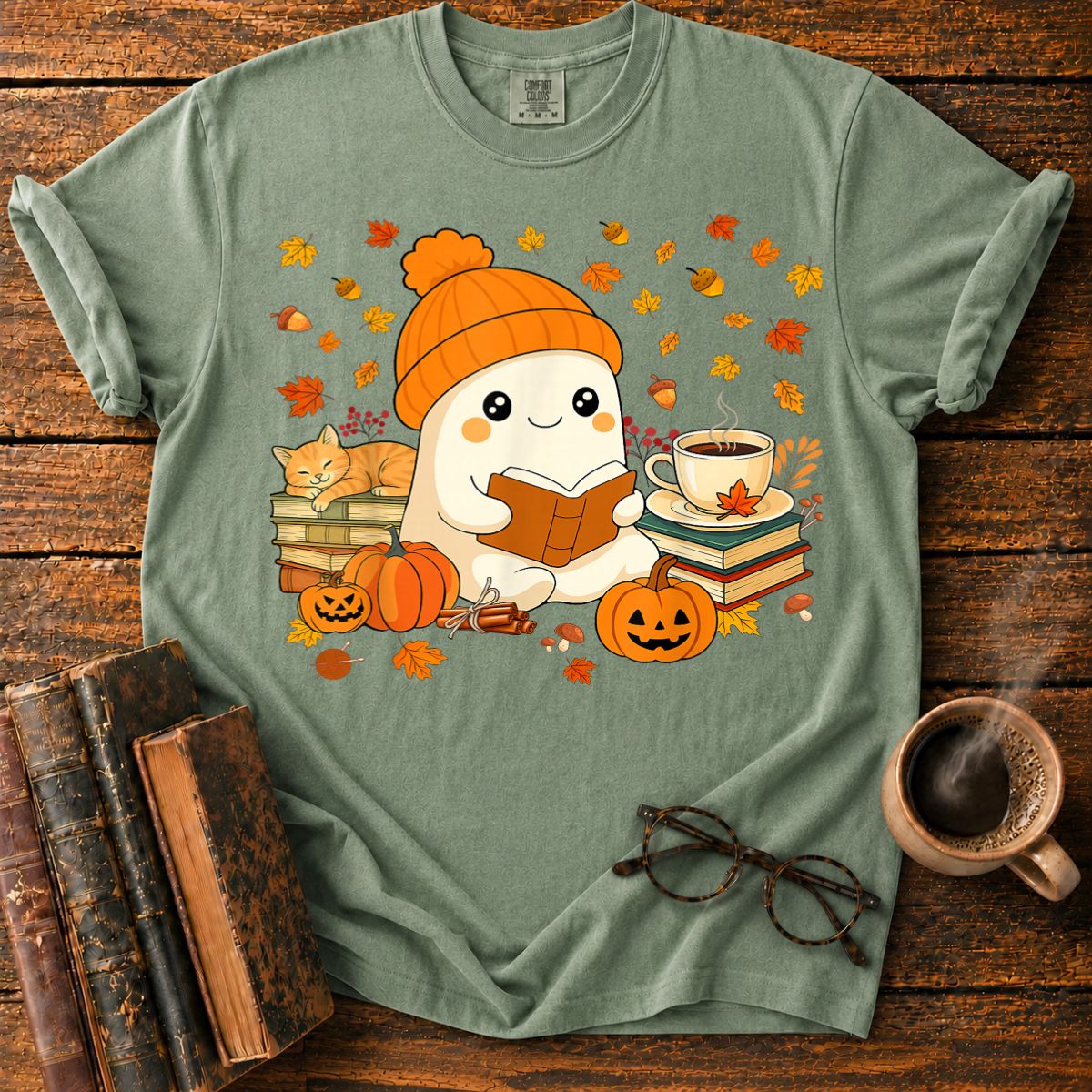 Cute Ghost Reading Book Halloween T-Shirt