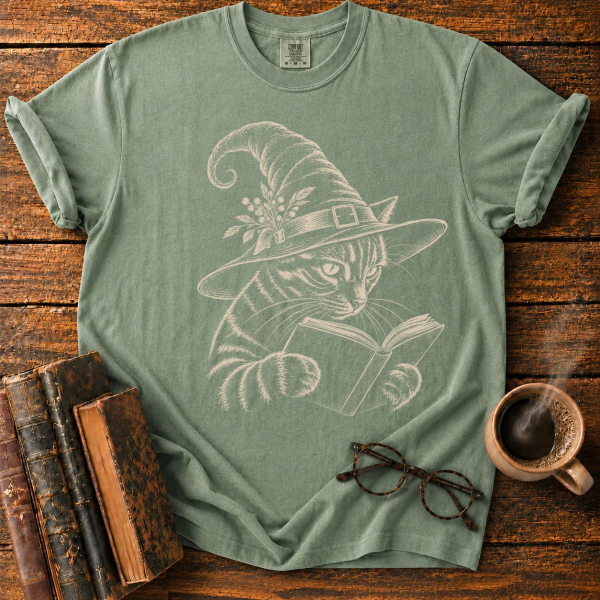 Vintage Witch Cat Reading a Book T-Shirt