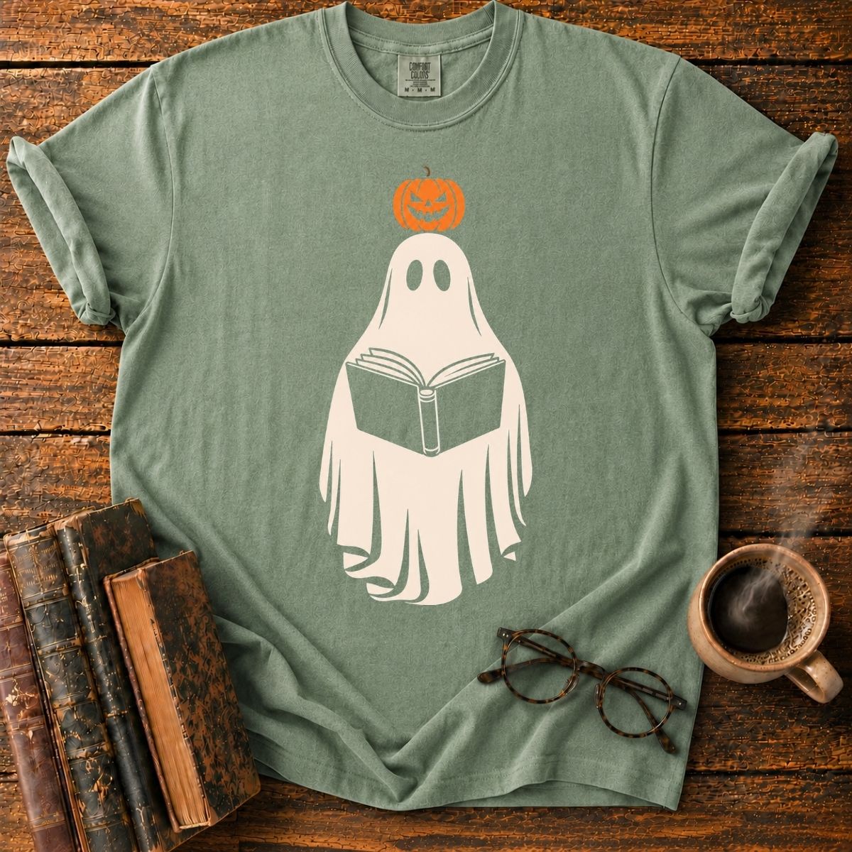 Pumpkin-Topped Ghost Reading a Book T-Shirt