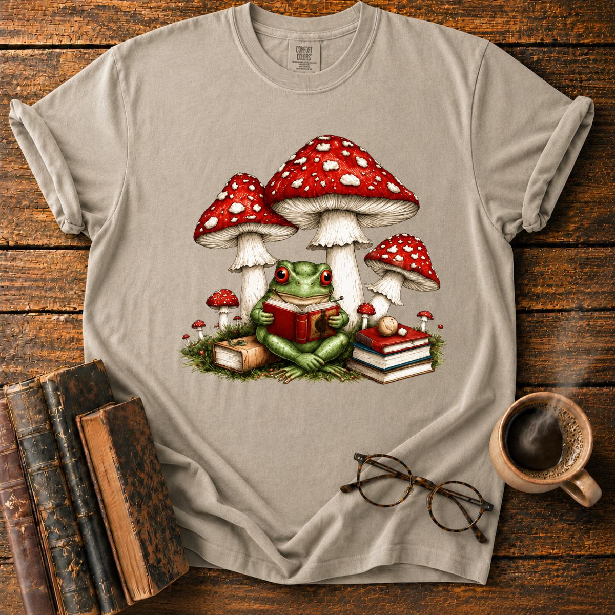 Frog Reading Beneath Mushroom T-Shirt