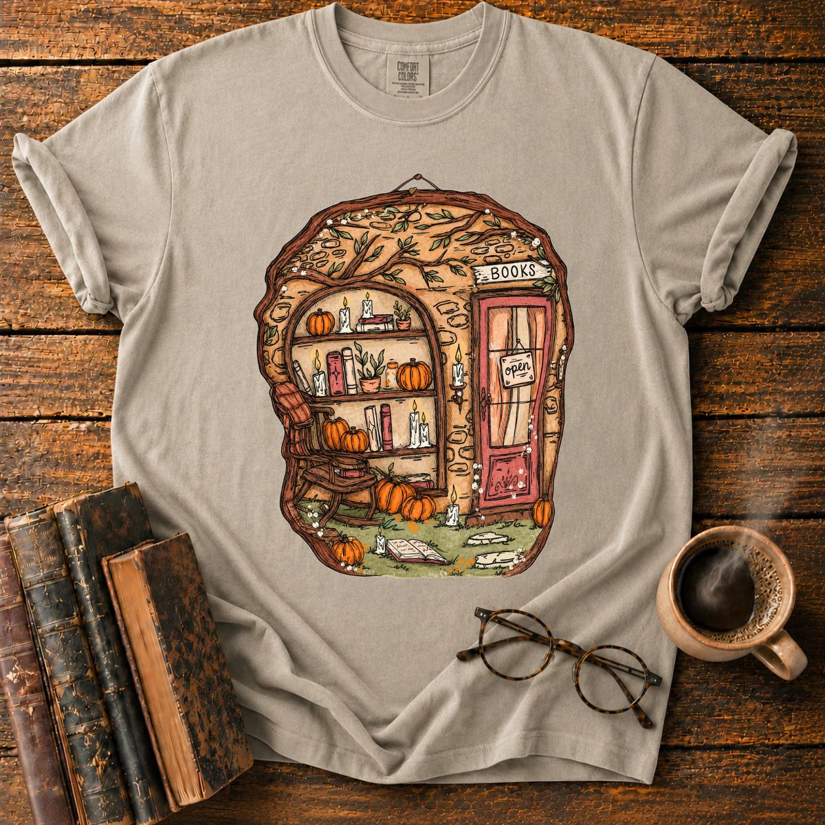 Whimsical Autumn Treehouse Bookstore T-Shirt
