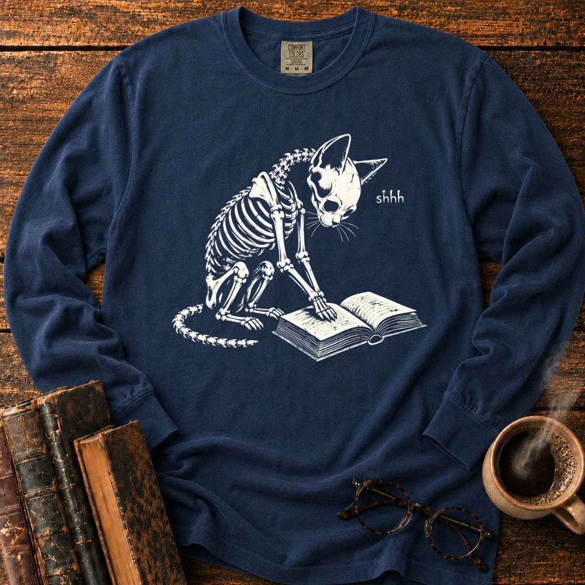 Shhh Skeleton Cat Reading LS T-Shirt
