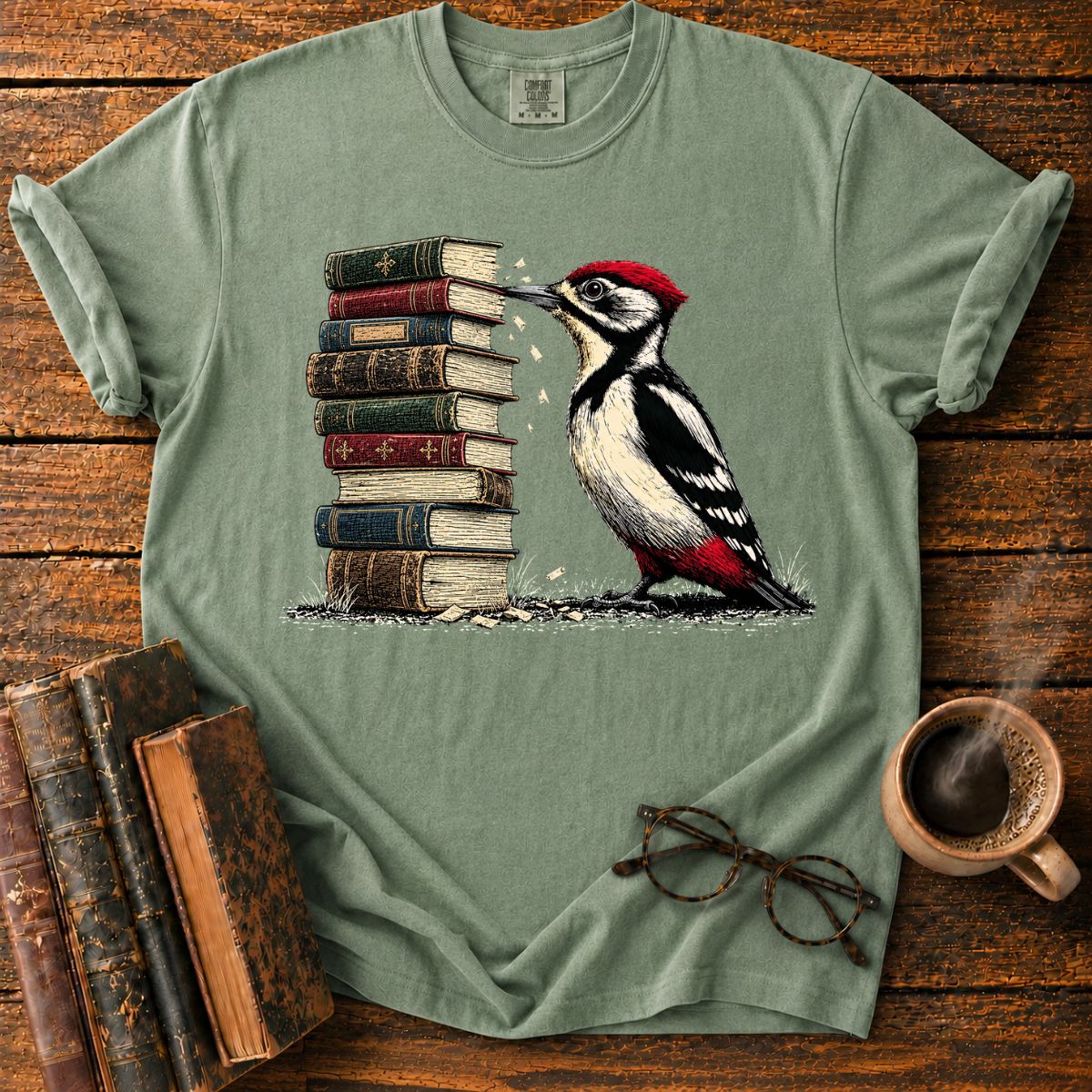 Woodpecker Pecks a Book Stack T-Shirt