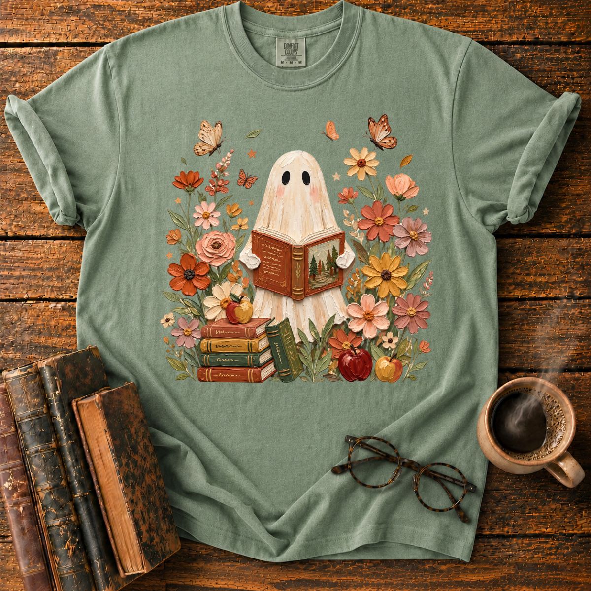 Ghost Reading Among Autumn Blooms T-Shirt