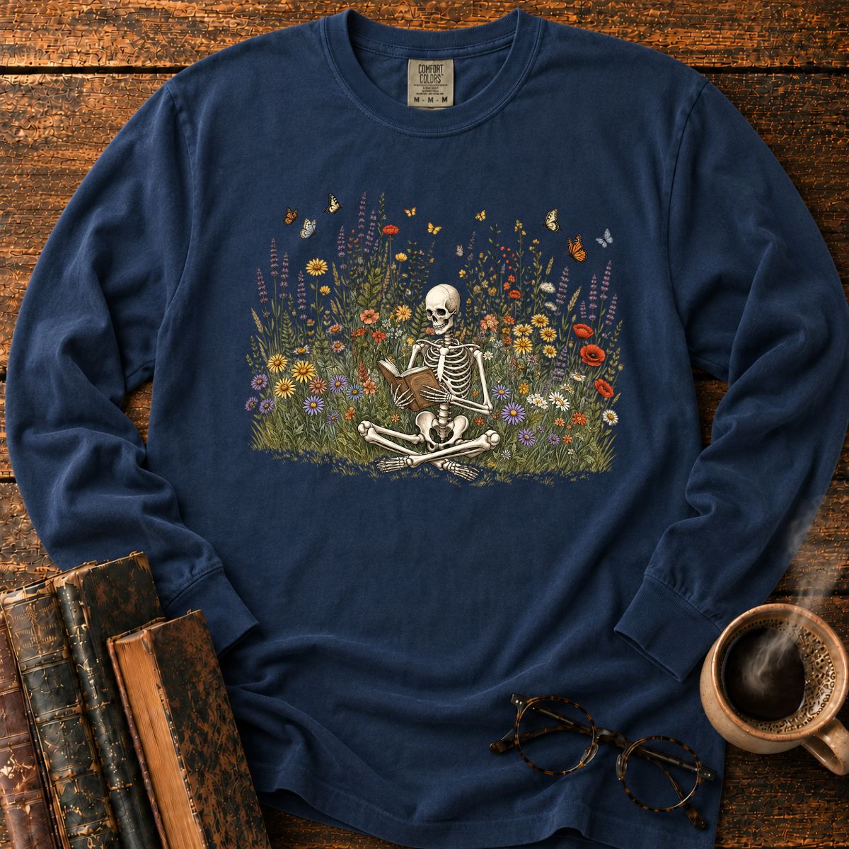 Skeleton Reading Wildflowers LS T-Shirt