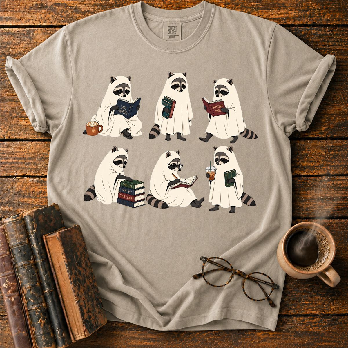 Ghostly Raccoons’ Cozy Book Club T-Shirt