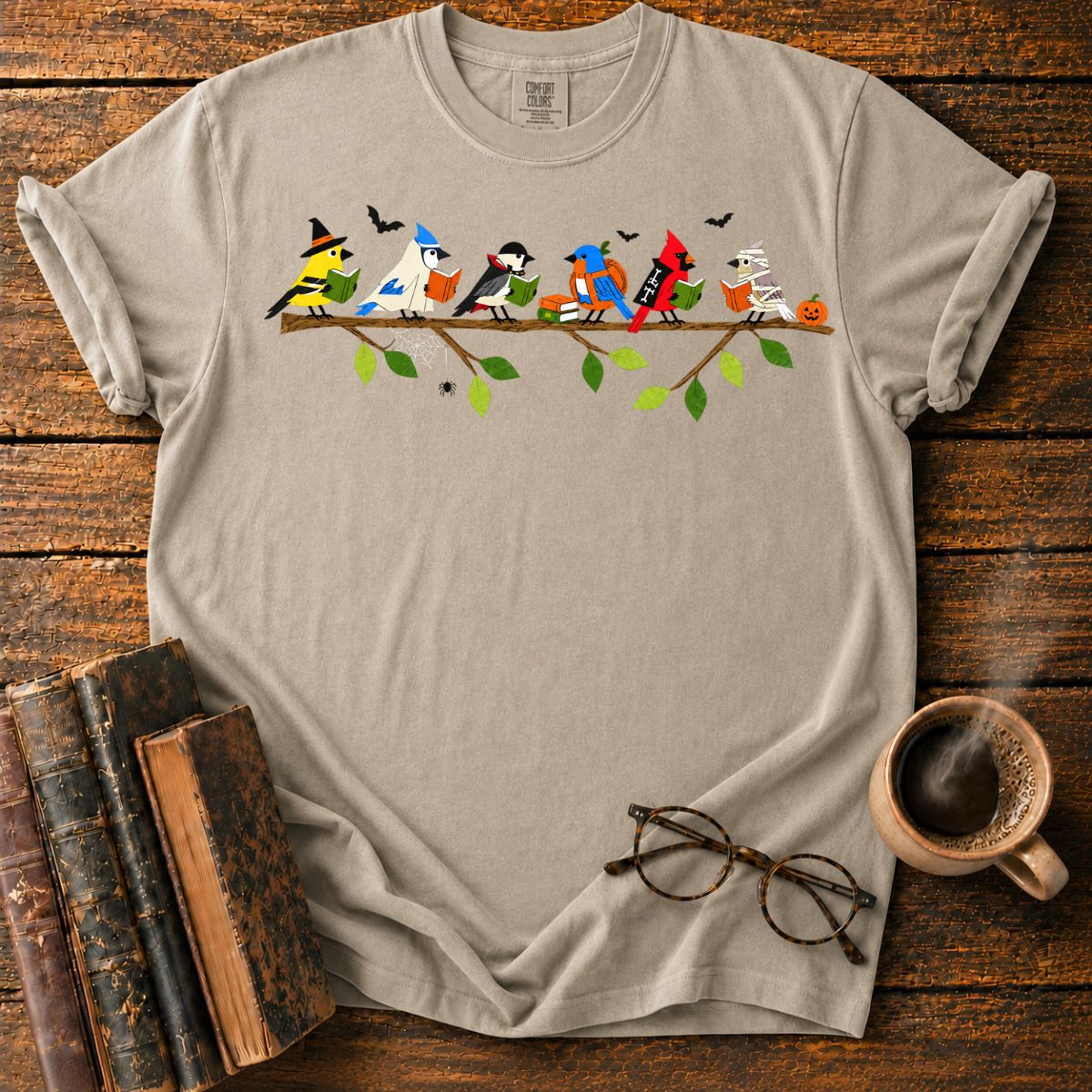 Halloween Birds Reading on a Branch T-Shirt