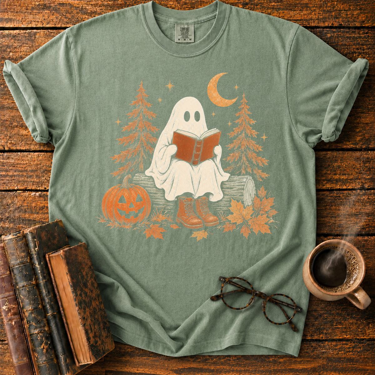 Cozy Ghost Reading Under the Moon T-Shirt