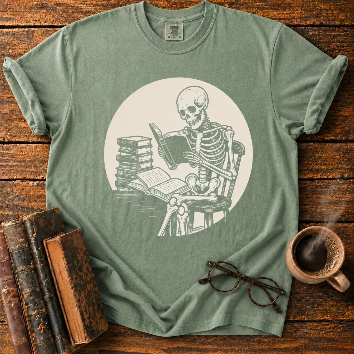 Skeleton Reading Under Moonlight T-Shirt