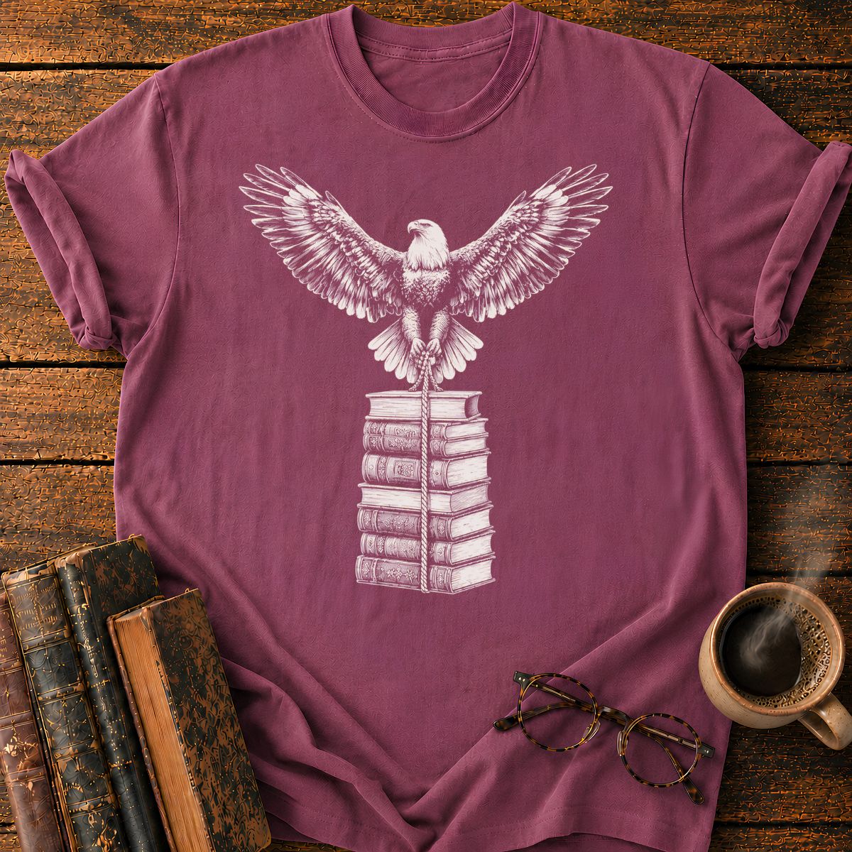 Engraved Eagle Over Bound Books T-Shirt