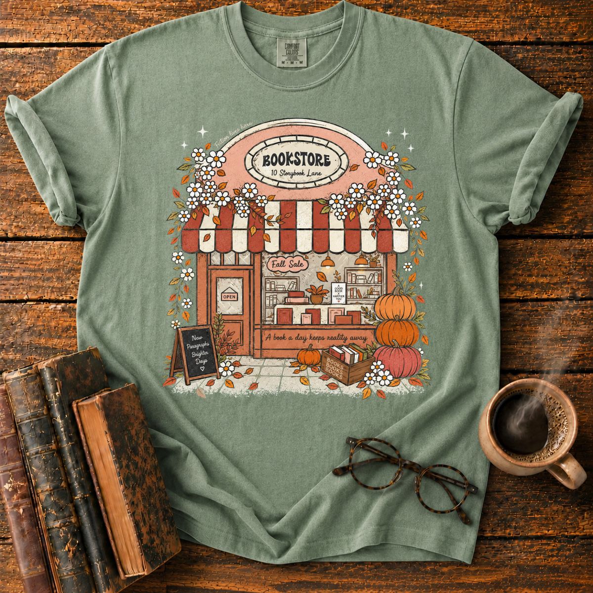 Cozy Fall Bookstore Storefront T-Shirt