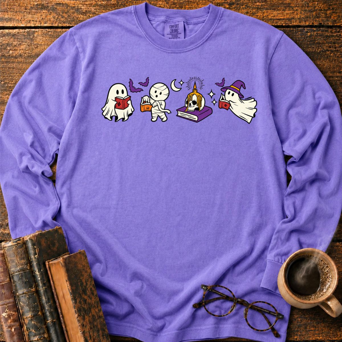 Spooky Ghost Mummy Book Lover LS T-Shirt