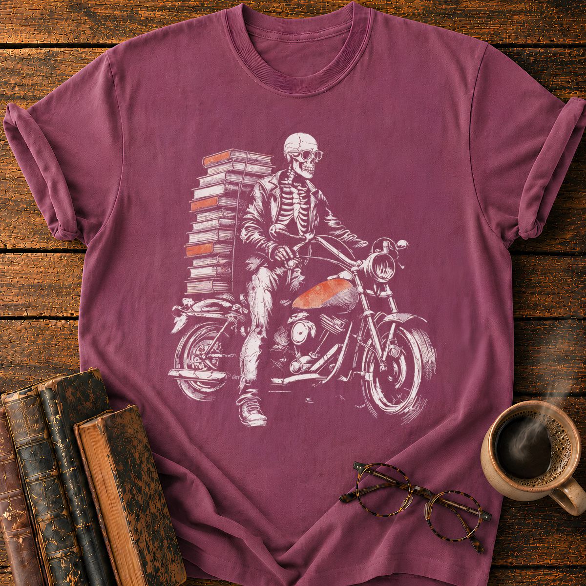 Skeletal Biker’s Tower of Books T-Shirt