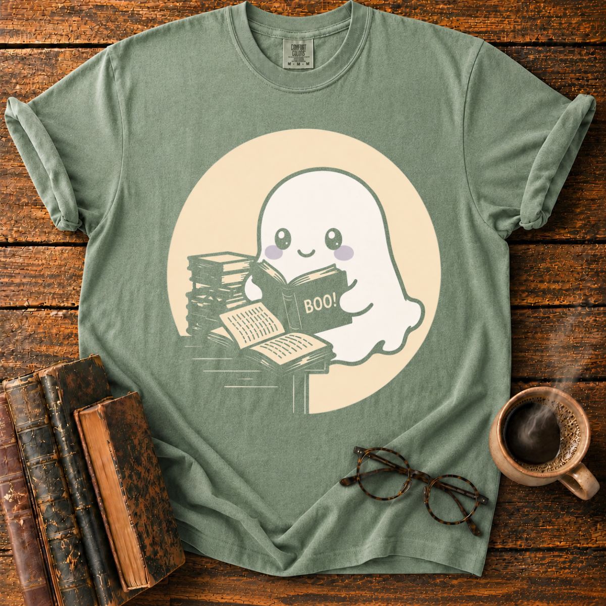 Kawaii Ghost Reading Books T-Shirt