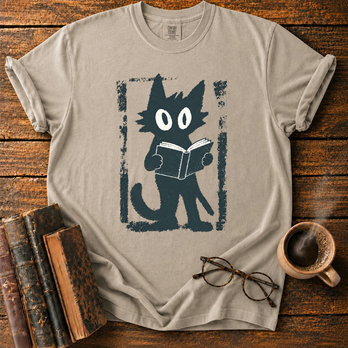 Vintage Cat Reading Screen Print T-Shirt