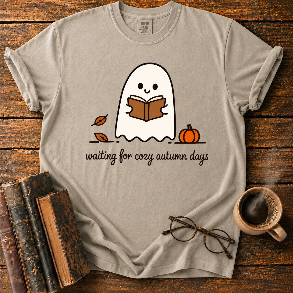 Cozy Ghost Reading Among Autumn Leaves T-Shirt
