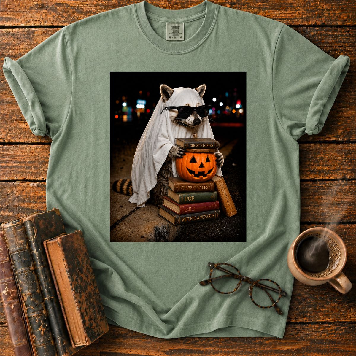 Raccoon Ghost Among Halloween Books T-Shirt