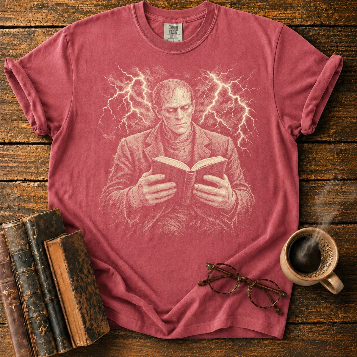 Frankenstein Monster Reading Lightning T-Shirt