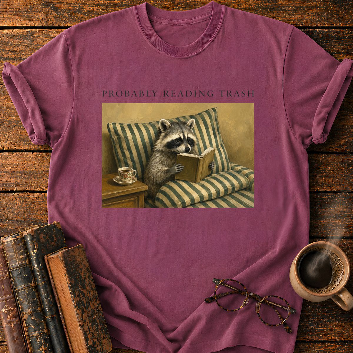 Raccoon Reading in Striped Comfort T-Shirt