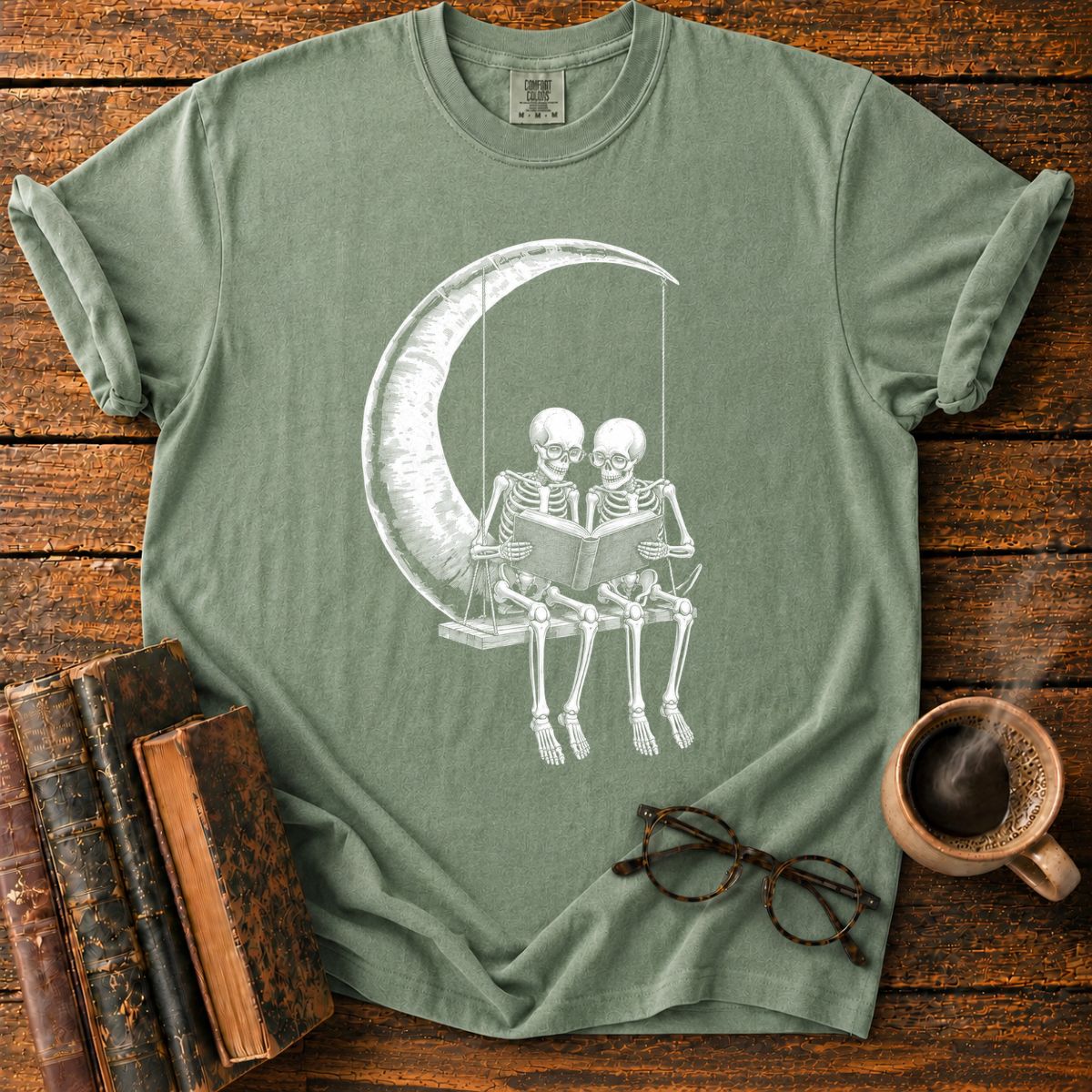 Skeletons Reading Beneath a Crescent Moon T-Shirt