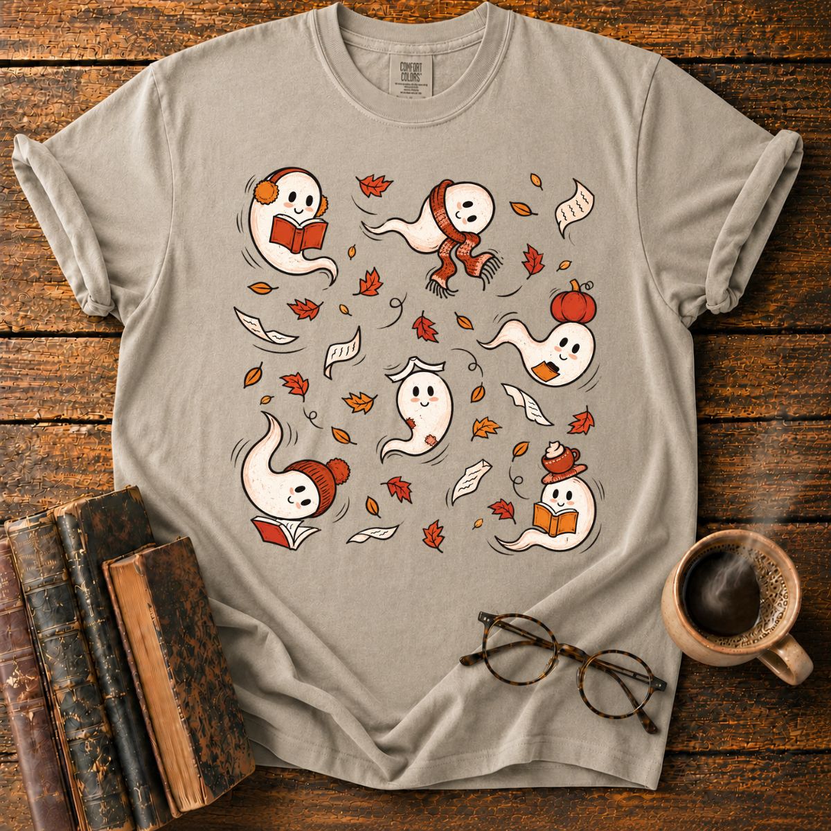 Fall Reading Ghosts Autumn Leaves T-Shirt