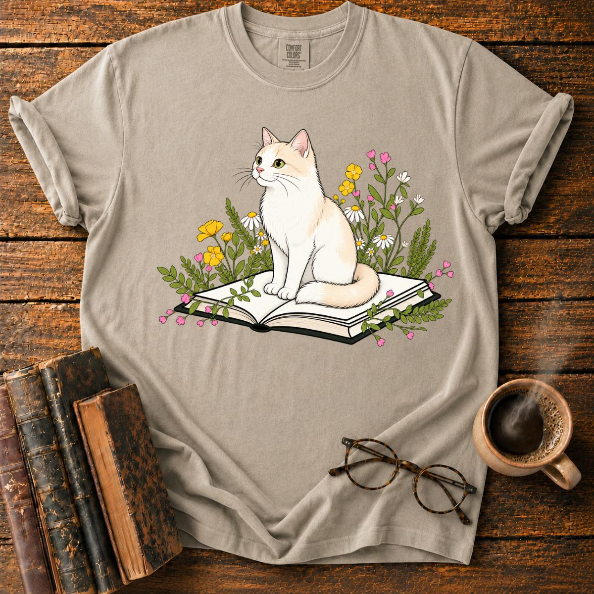 Cat Reading Among Flowers T-Shirt