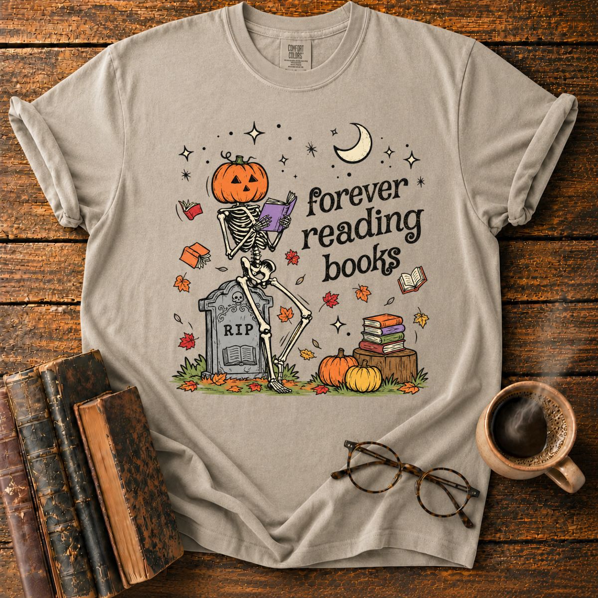 Forever Reading Books Pumpkin Skeleton T-Shirt