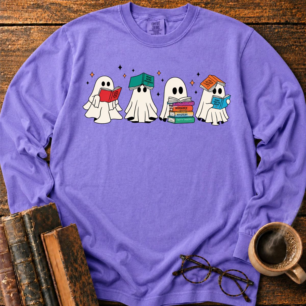 Cute Ghosts Reading Books LS T-Shirt