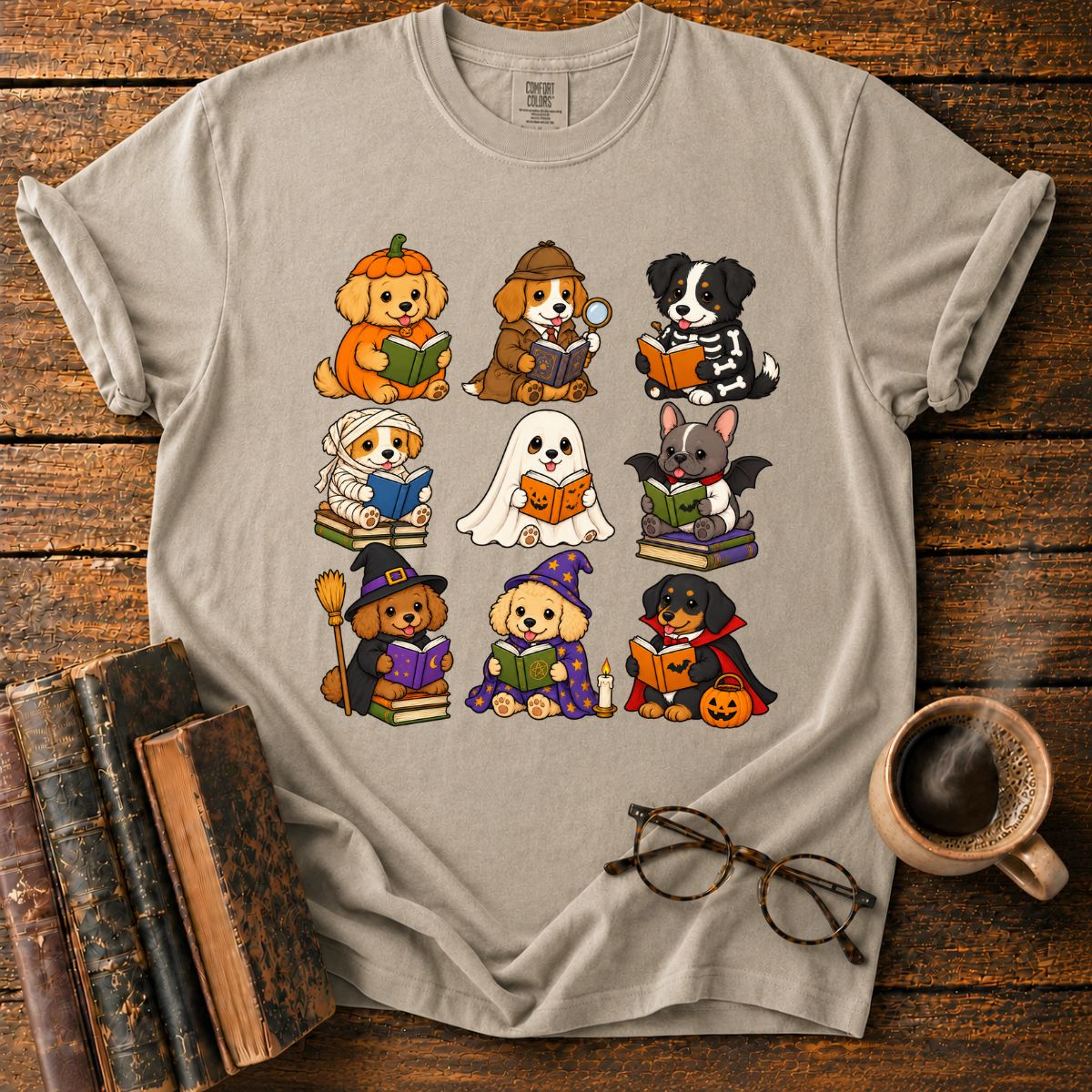 Kawaii Halloween Dogs Reading T-Shirt