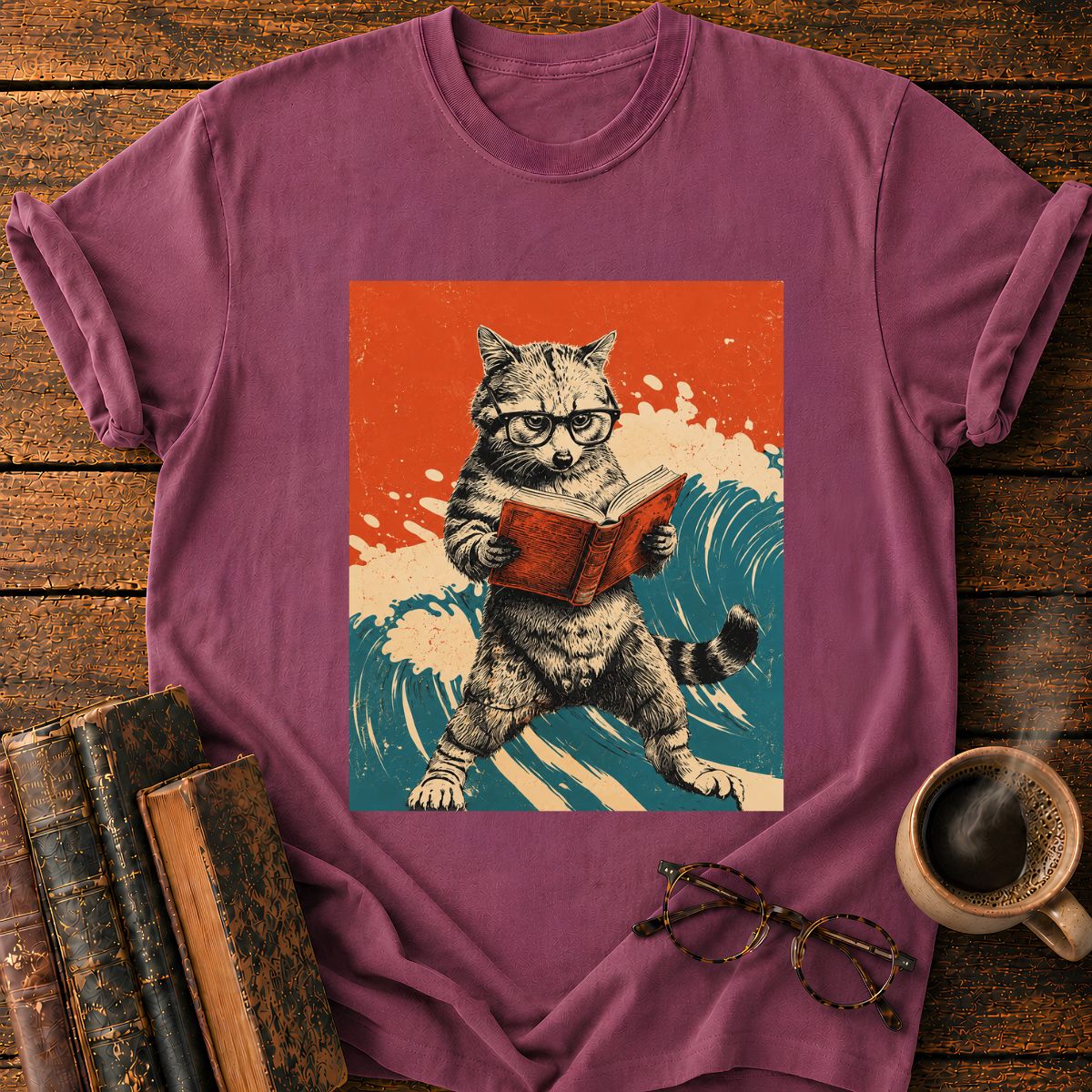Vintage Cat Reading By The Sea T-Shirt