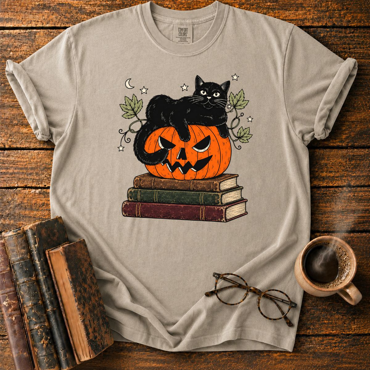 Black Cat, Pumpkin and Vintage Books T-Shirt