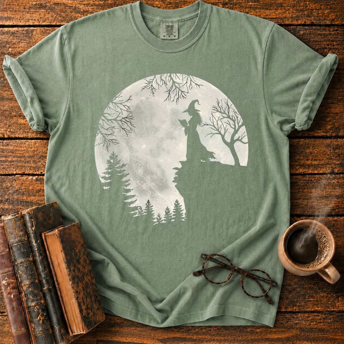 Moonlit Witch Reading on a Rocky Cliff T-Shirt