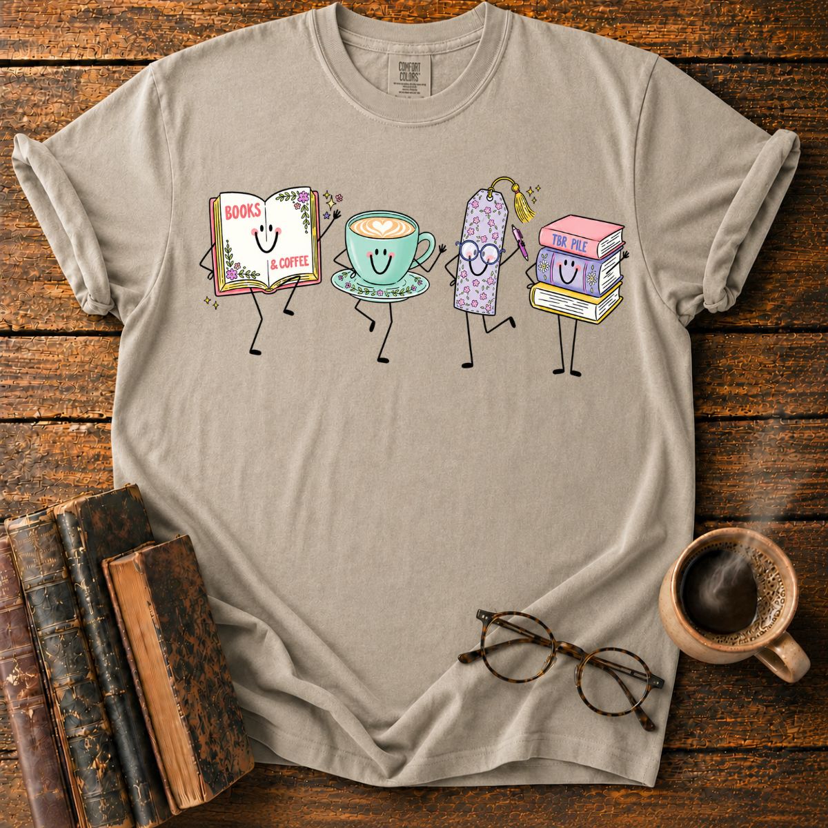Books, Coffee, and Cheerful Bookish Friends T-Shirt