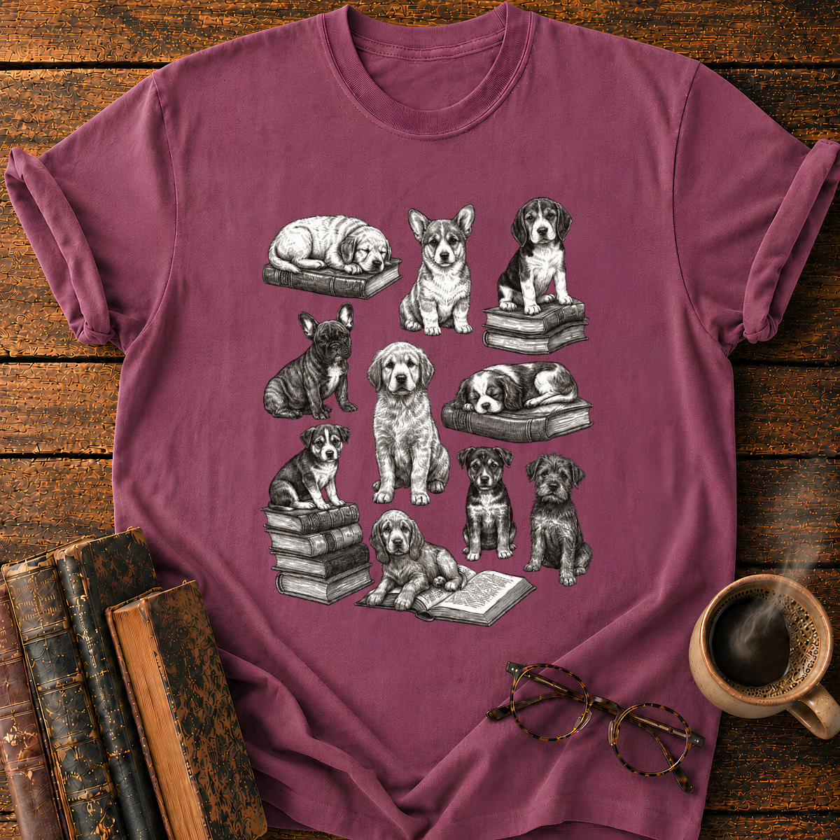Vintage Puppy Bookworm Collage T-Shirt