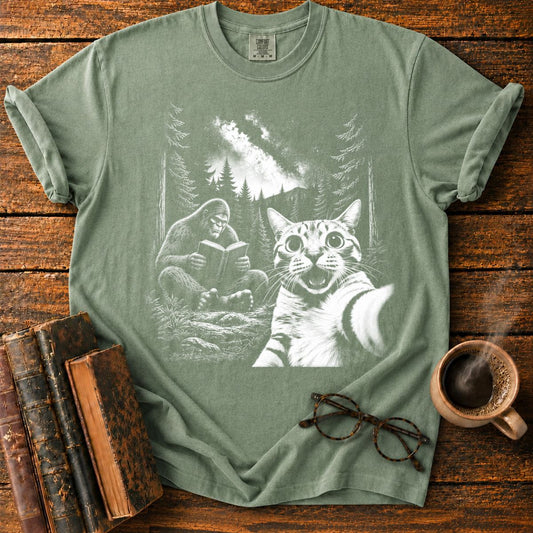 Moonlit Bigfoot and Cat Reading T-Shirt