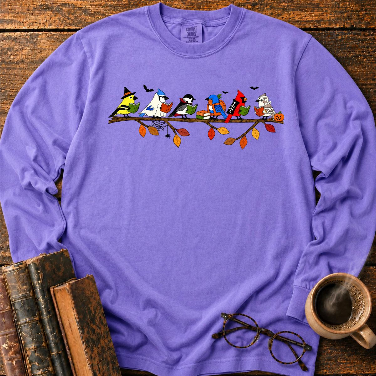 Halloween Birds Reading LS T-Shirt
