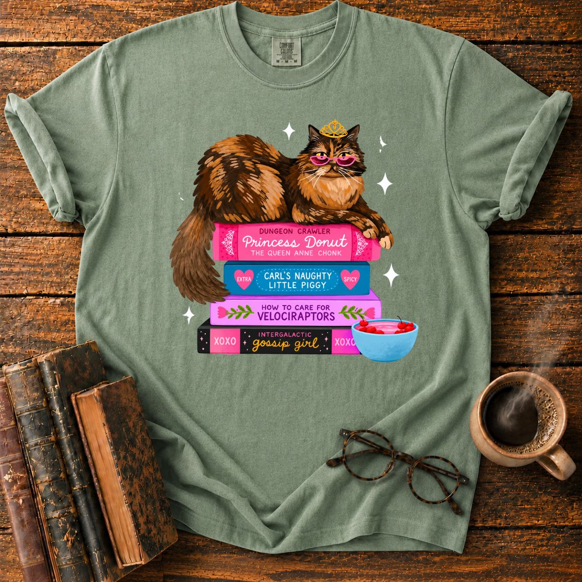 Princess Cat Book Stack Bookish T-Shirt