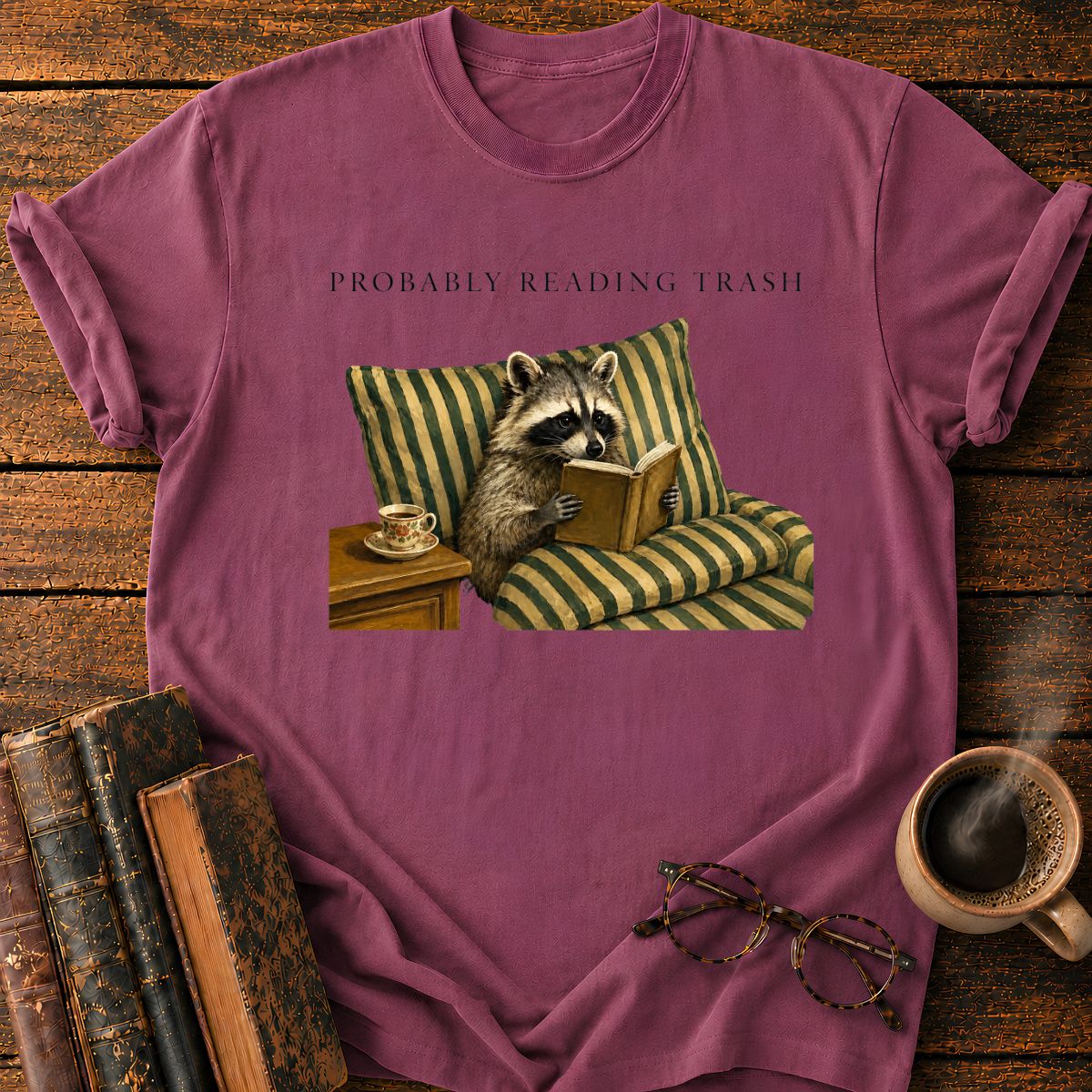 Raccoon Reading in Striped Comfort T-Shirt