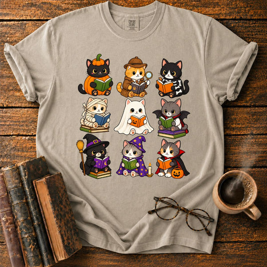 Kawaii Halloween Cat Reading T-Shirt