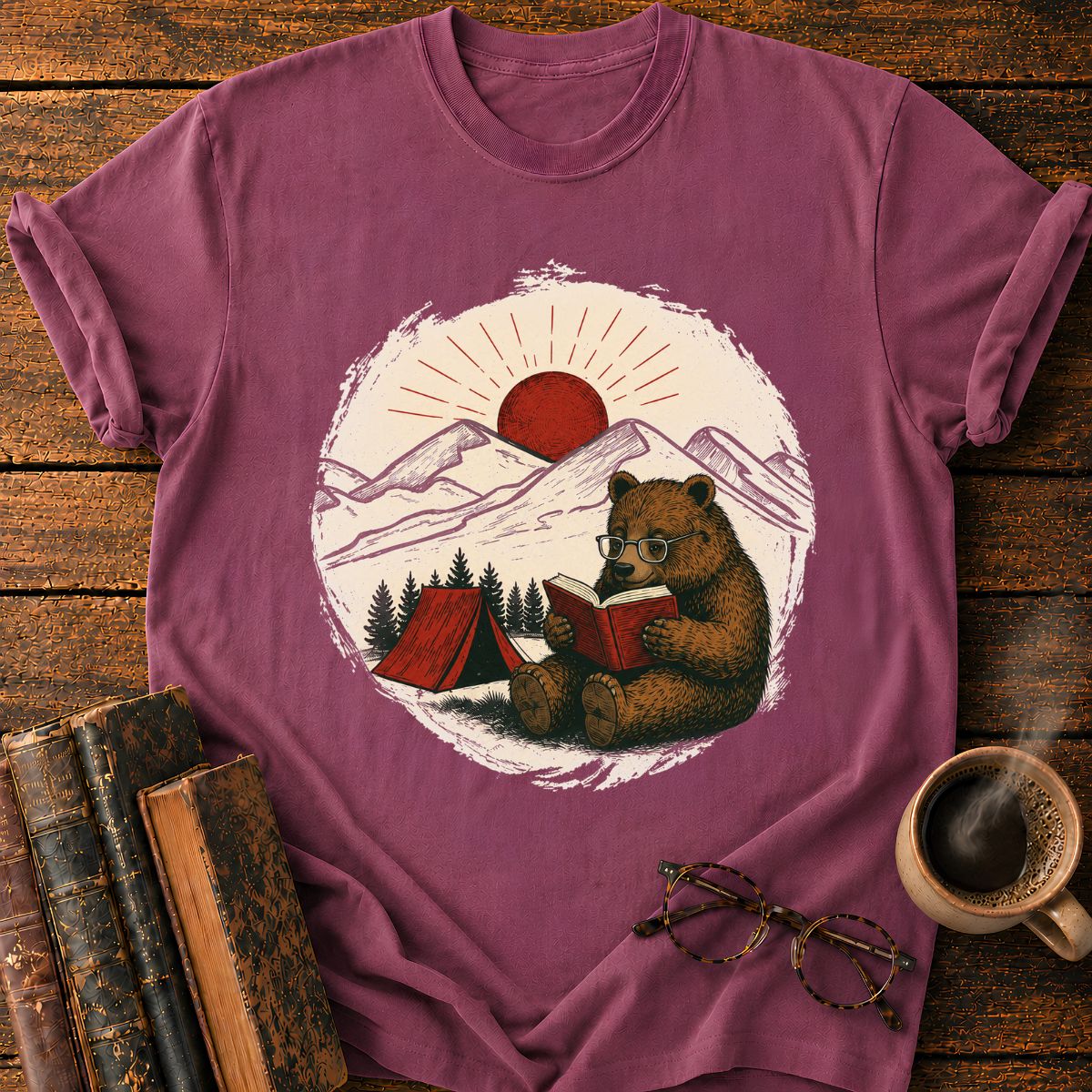 Vintage Camping Bear Reading Badge T-Shirt