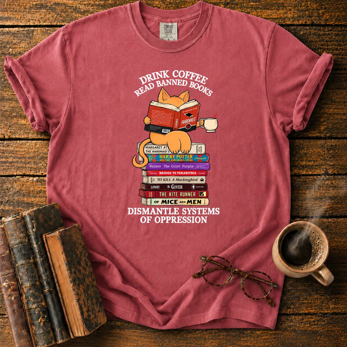 Cat Drink Coffee Read Banned Books T-Shirt