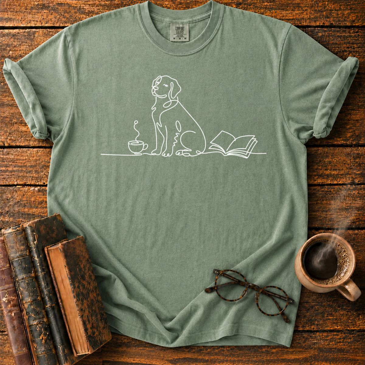 Minimalist Dog with Cup and Book T-Shirt