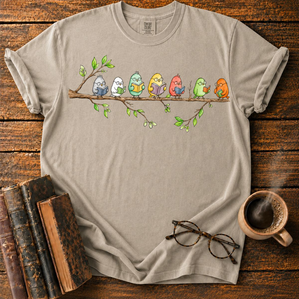 Seven Studious Birds on a Leafy Branch T-Shirt