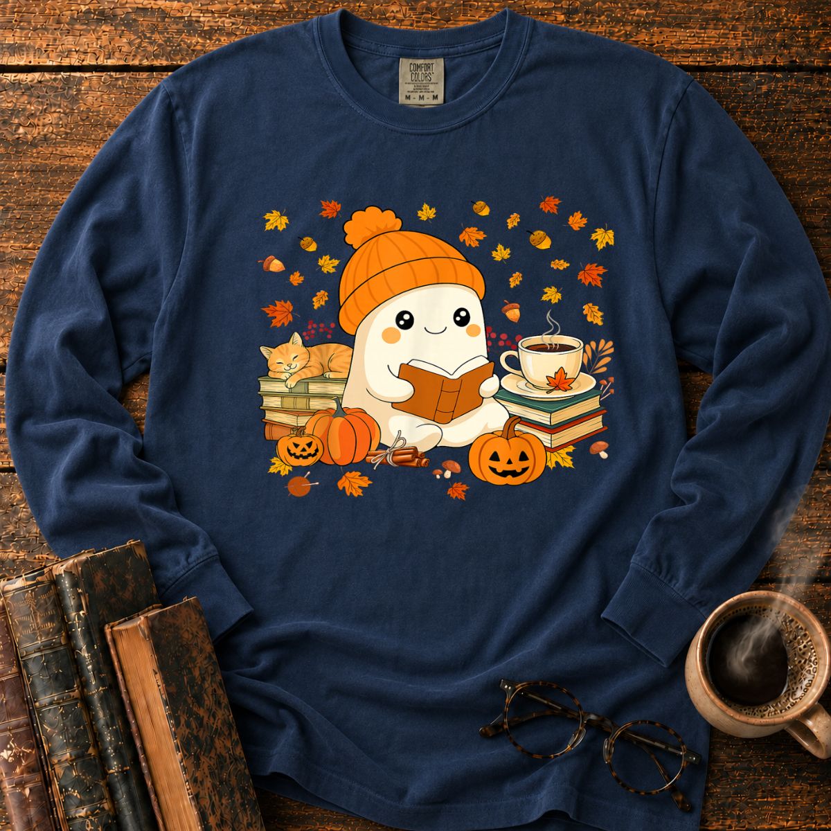 Cute Ghost Reading Book Halloween Long Sleeve T-Shirt